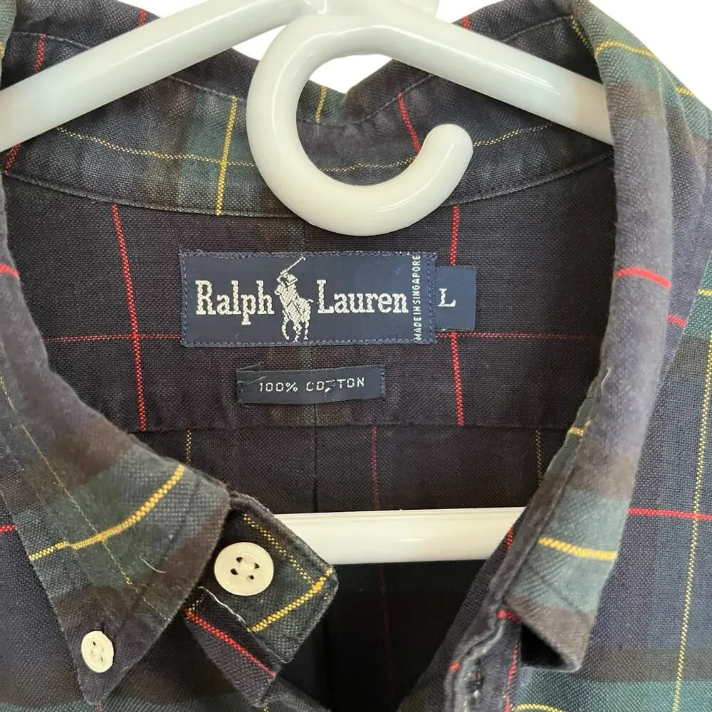 Ralph Lauren | Large Blue Green Tartan Plaid Cotton Embroidered Crest Shirt 90s